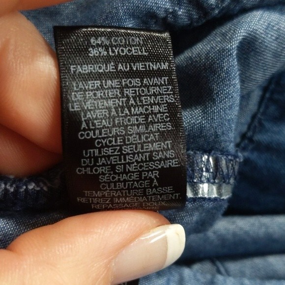 Express blue chambray button up 3/4 sleeve romper, denim, elastic & drawstring S - Picture 7 of 8